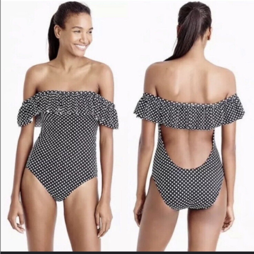 J.Crew Bathing Suit Polka Dot One-Piece Off-Shoulder Size 10 #F9364 Black White